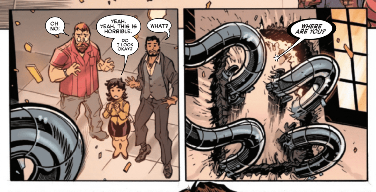 Two interior panels of ASM showcasing the power of Doc Ock Arms