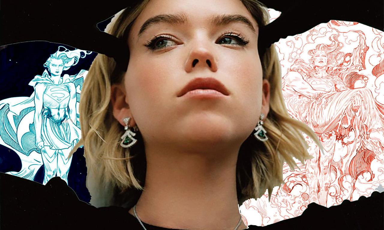 Milly Alcock photo along witth two Supergirl illustrations by Bilquis Evely