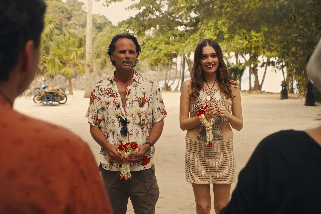 A still of Walton Goggins and Aimee Lou Wood in The White Lotus season 3